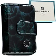 Portfele - Zielony lakierowany portfel damski w kwiatowy wzór skóra naturalna i ekologiczna PETERSON średniej wielkości na zatrzask i suwak karty dokumenty got.. - miniaturka - grafika 1