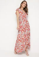 Sukienki - Beżowo-Pomarańczowa Asymetryczna Sukienka z Gumką w Pasie z Falbankami z Wiskozy Venimra - miniaturka - grafika 1