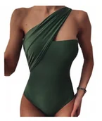 Stroje kąpielowe dla dziewczynek - Strój kąpielowy jednoczęściowy jedno ramię : Kolor - Oliwkowy, Rozmiar - S - miniaturka - grafika 1