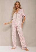 Piżamy damskie - Różowy Wiskozowy Komplet Piżamowy Ozdobiony Printem Koszula na Krótki Rękaw i Długie Spodnie Angelae - miniaturka - grafika 1