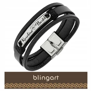 BLINGART Bransoletka męska ze skóry naturalnej CZARNA stal 316L + GRAWER - Bransolety męskie - miniaturka - grafika 1