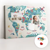 Tablice i flipcharty - Szkolna Tablica korkowa 60x40 cm, Kolorowe Pinezki, wzór Obrazkowa mapa świata - miniaturka - grafika 1