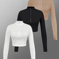 Bluzki damskie - TEMU Europejsko-Amerykański Zestaw Trzyczęściowy Casual T-Shirt z Okrągłym Dekoltem na Zamek – Jednokolorowe, Jesień- - miniaturka - grafika 1