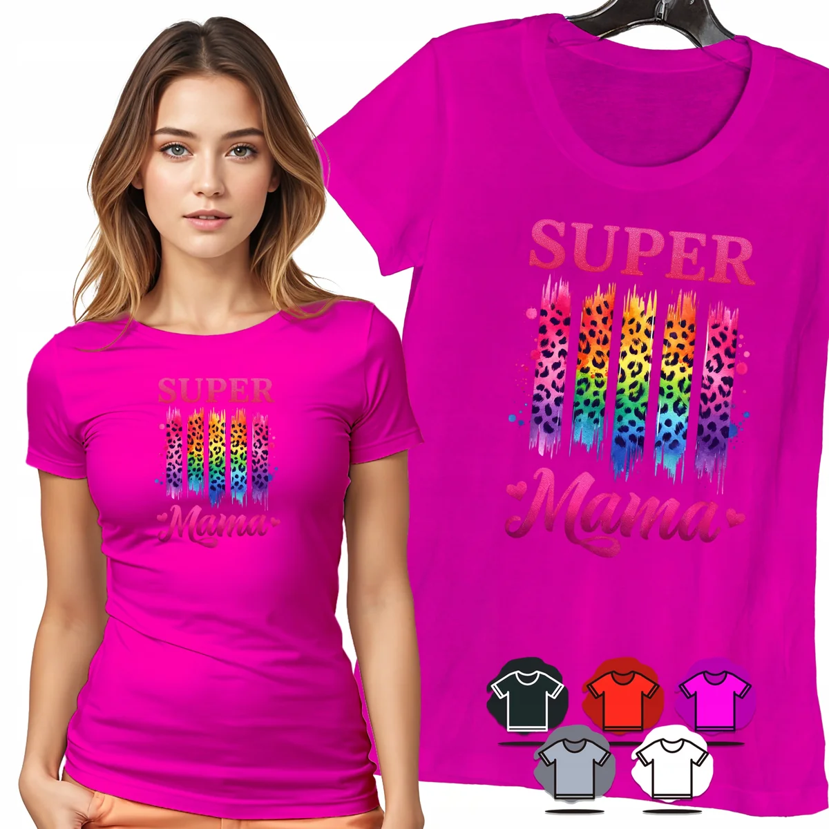 KOSZULKA DAMSKA T-SHIRT - SUPER MAMA TĘCZOWA PANTERKA KOLOROWY DAMSKI - M