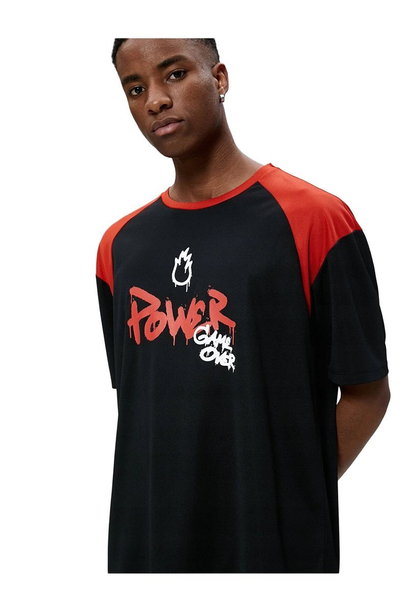 KOTON CZARNY T-SHIRT MĘSKI CZERWONE RAMIONA OKRĄGŁY DEKOLT M 5DA