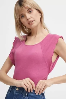 Koszulki sportowe damskie - Pepe Jeans t-shirt lniany KAI kolor różowy PL505842 - grafika 1
