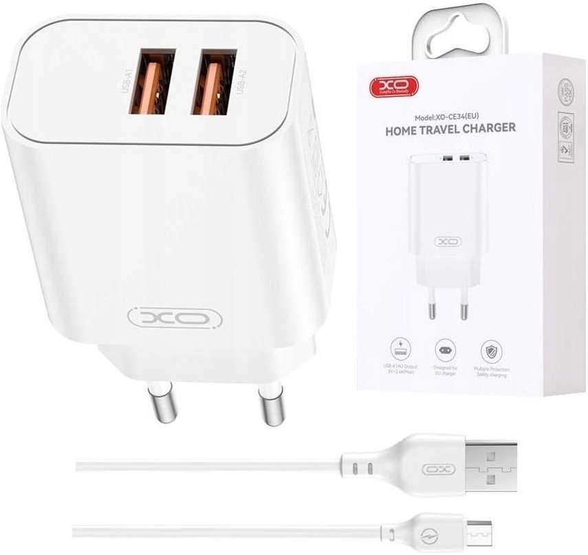 XO ładowarka sieciowa CE34 2x USB 2,4A biała + kabel USB-C