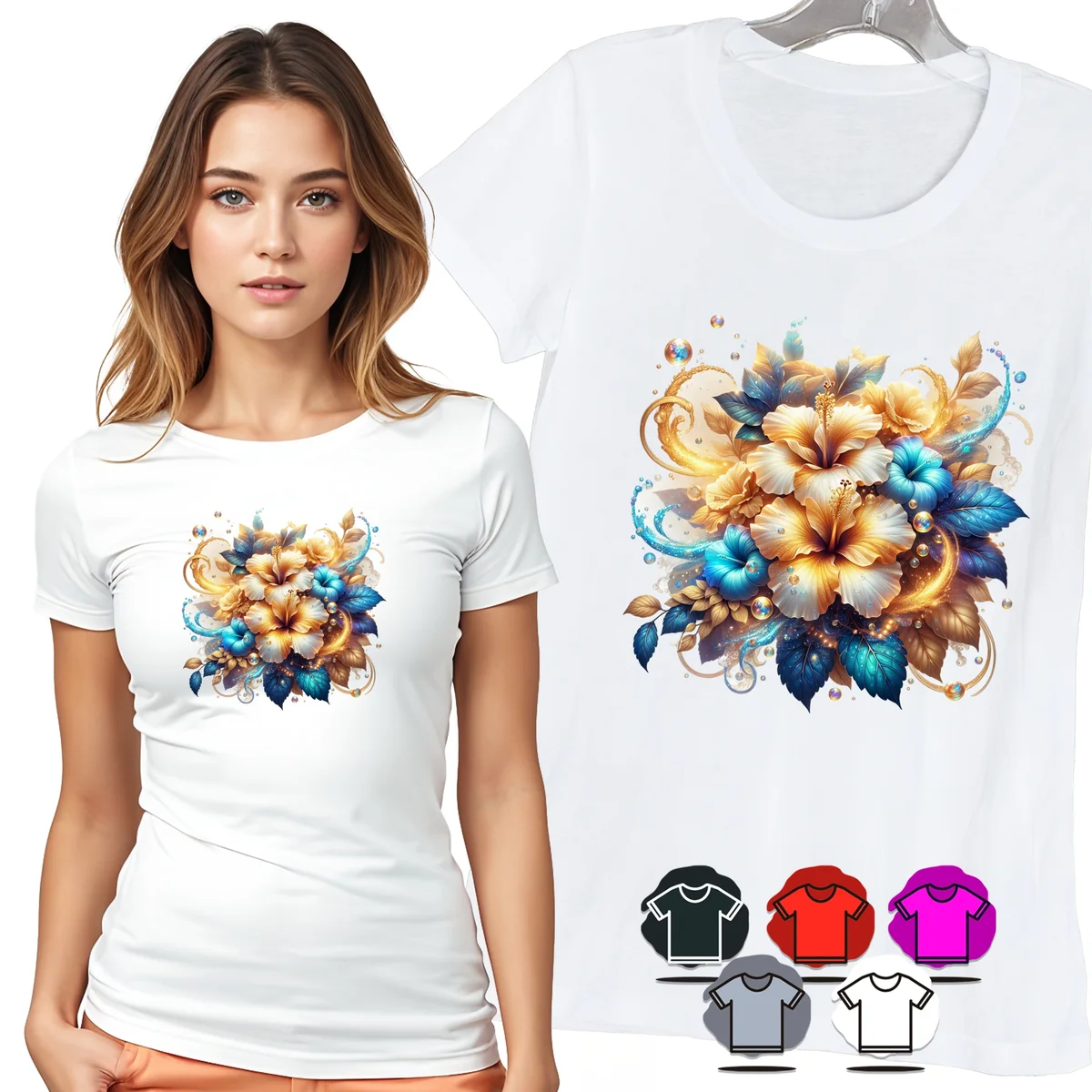 KOSZULKA DAMSKA T-SHIRT - KWIATY BEŻ NIEBIESKI AKWARELA DAMSKI WZÓR - XXL
