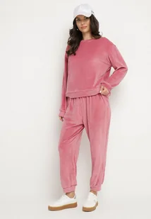 Różowy Welurowy Komplet Dresowy Bluza i Spodnie Typu Jogger Lisilwena - Spodnie sportowe damskie - miniaturka - grafika 1