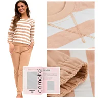 Piżamy damskie - Cornette Piżama Damska Komplet Długi Rękaw Beżowa Paski Bawełna Rozmiar M - miniaturka - grafika 1