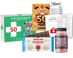 Śmieszny Prezent na 50 Urodziny dla Kobiety APTECZKA RATUNKOWA - Zestawy upominkowe - miniaturka - grafika 1