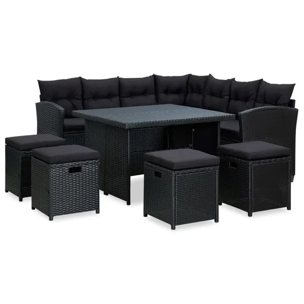 Zestaw Ogrodowy z Rattanu PE Czarny, Sofa 174x174x71,5 cm, Stoły 100x100x6