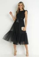 Sukienki - Czarna Koktajlowa Sukienka z Koronkową Górą i Tiulowym Dołem Sleda - miniaturka - grafika 1