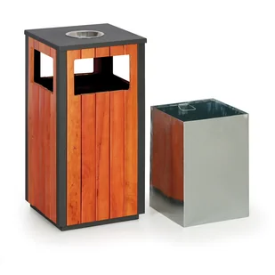 Zewnętrzny kosz na śmieci z popielniczką, 380 x 380 x 755 mm, czarny / wzór drewna - Wyposażenie miejsc publicznych - miniaturka - grafika 1