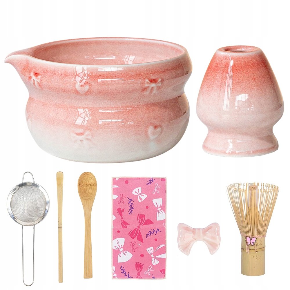 Zestaw Prezentowy Do Herbaty Matcha Czarka Miotełka Podstawka Łyżeczka Róż
