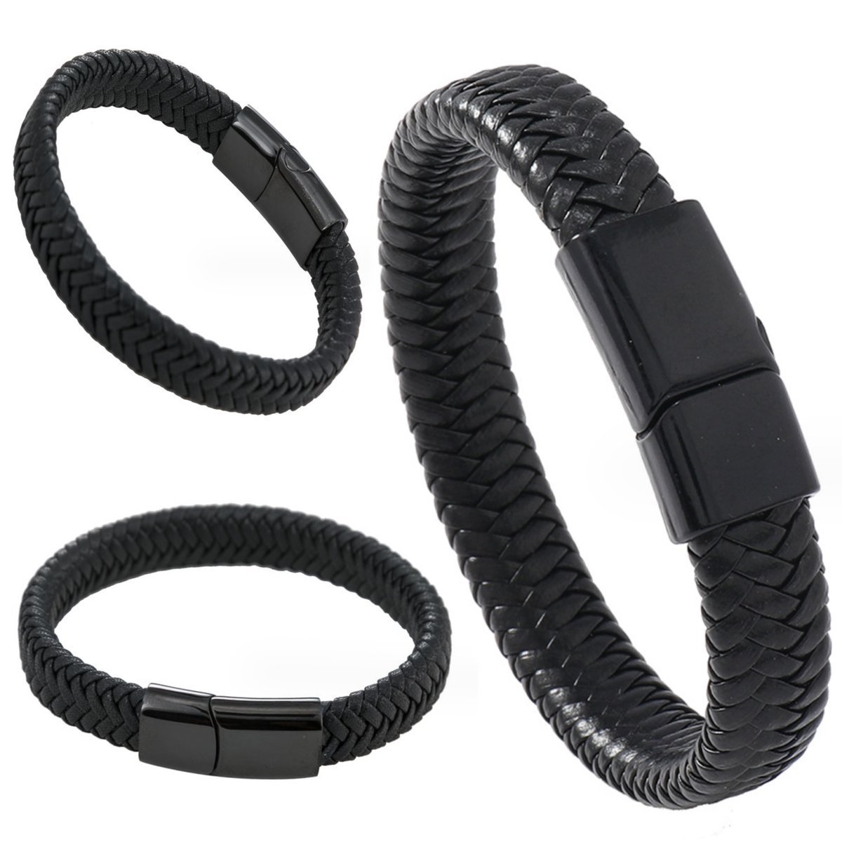 Bransoletka Męska Elegancka Ręcznie Solidnie Pleciona Skórzana Czarna