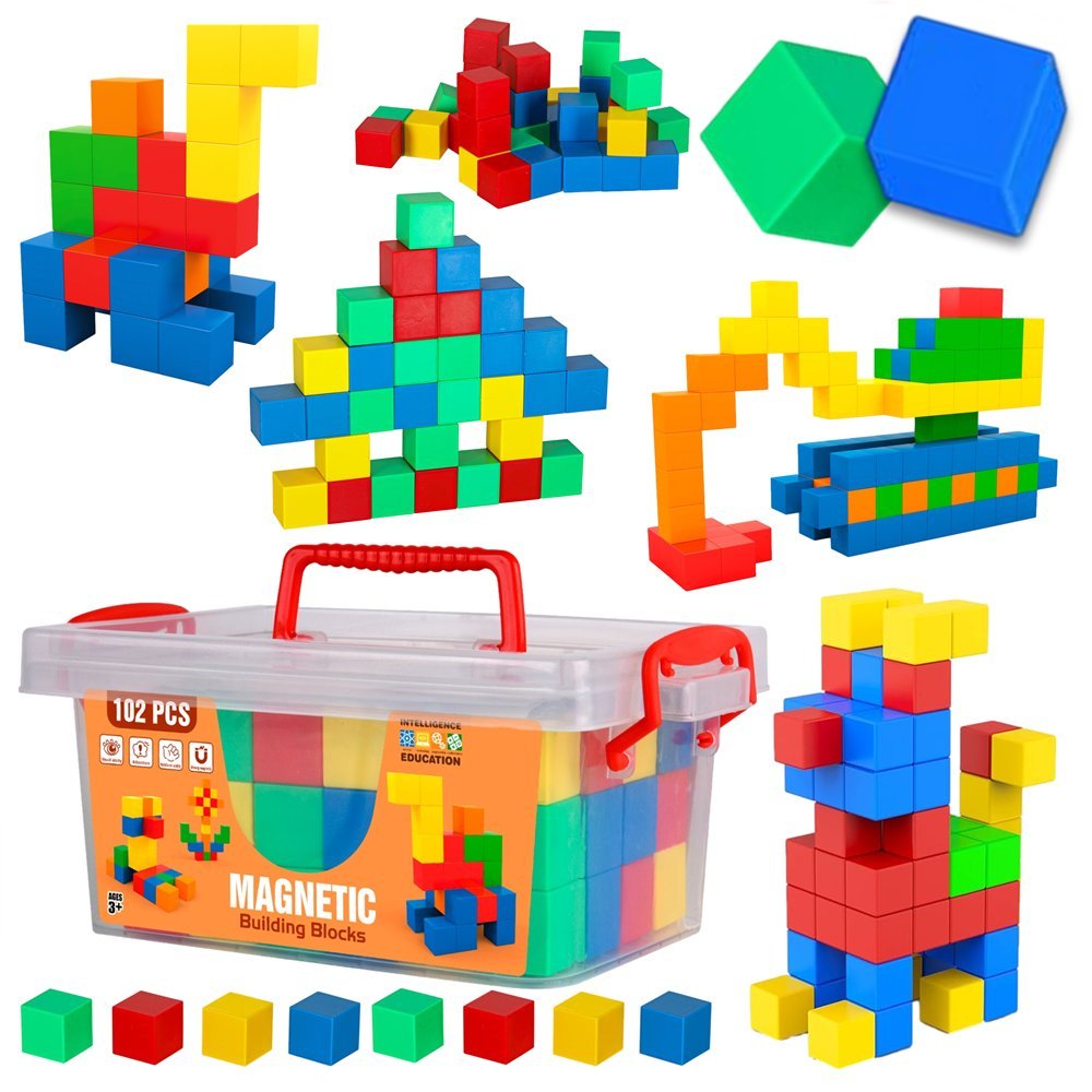 KLOCKI MAGNETYCZNE KOSTKI 3D Kostrukcyjnen Sześciany Mocne Magnesy Bloczki Bloki Budowlane Zestaw w kuferku 102 el piksele pixele