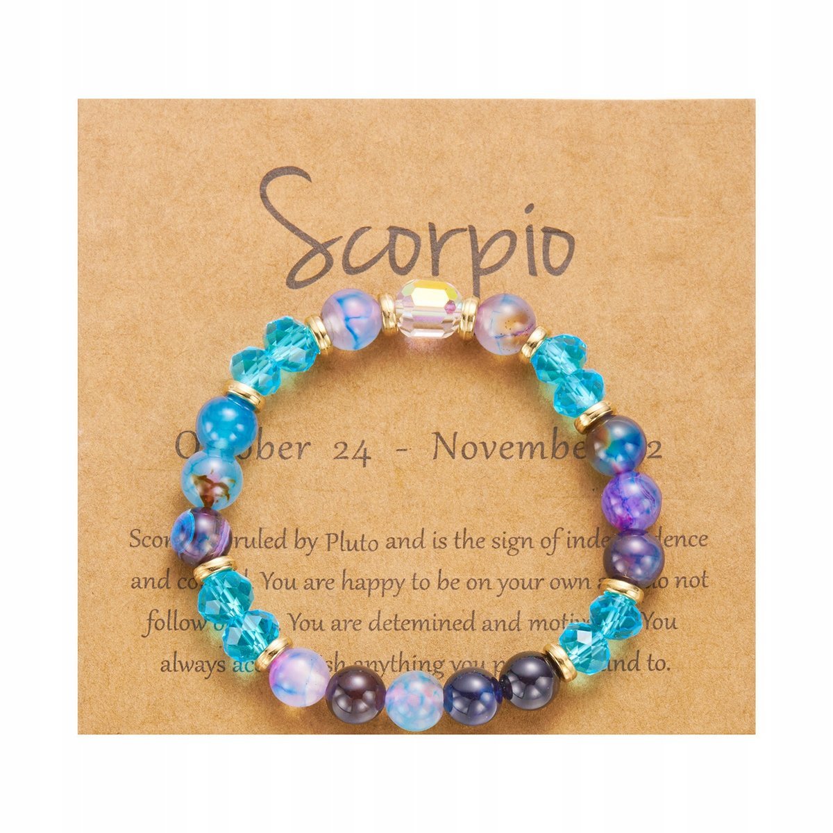 Bransoletka Znak Zodiaku Scorpio Skorpion Niebieskimi Koralikami Elastyczna