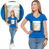 Koszulki i topy damskie - KOSZULKA DAMSKA T-SHIRT BAWEŁNIANA ZE ZŁOTYM BŁYSZCZĄCYM NADRUKIEM MORAJ S BLUE - miniaturka - grafika 1