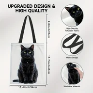 Torebki damskie - TEMU Stylowa Torba na Zakupy z Nadrukiem Czarnego Kota - Wielokrotnego Użytku Dwustronna Poliestrowa Torba, Duża Pojemność na Zakupy i Książki, - miniaturka - grafika 1