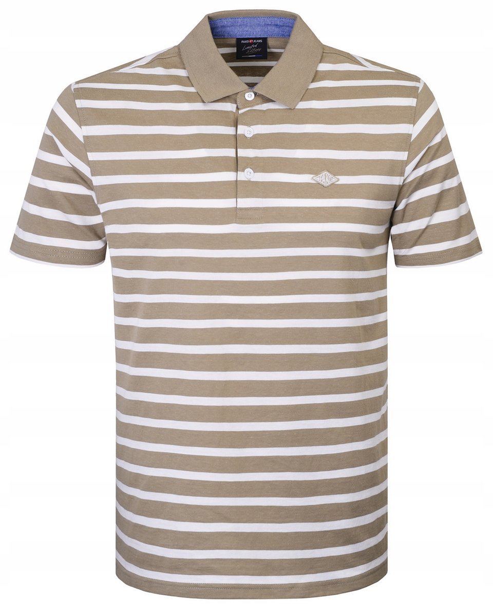 POLO Koszulka Męska BEŻOWO-BIAŁA w Paski Bawełniana HASIMI 2XL Pako Jeans