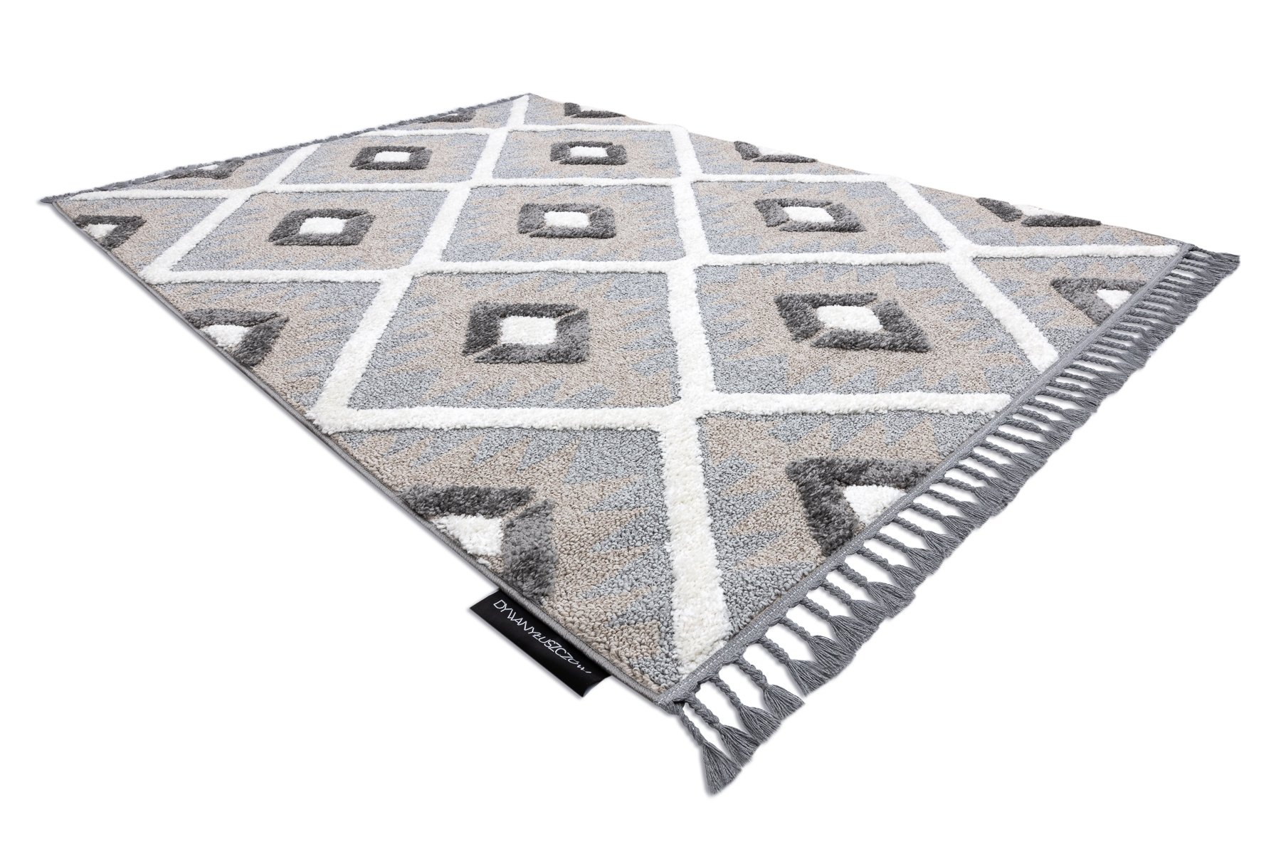 Dywan MAROC P651 Romby / biały Frędzle berberyjski marokański shaggy szary 120x170 cm