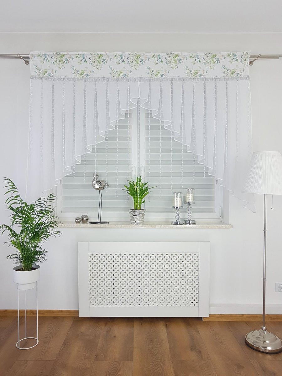 FIRANKI Z KORALIKAMI ZIELONE KWIATY ELEGANCKA FIRANA NA TAŚMIE DO KUCHNI