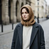 Czapki damskie - Balaclava oversize kominiarka kaptur zamiast czapki z merino camel - miniaturka - grafika 1