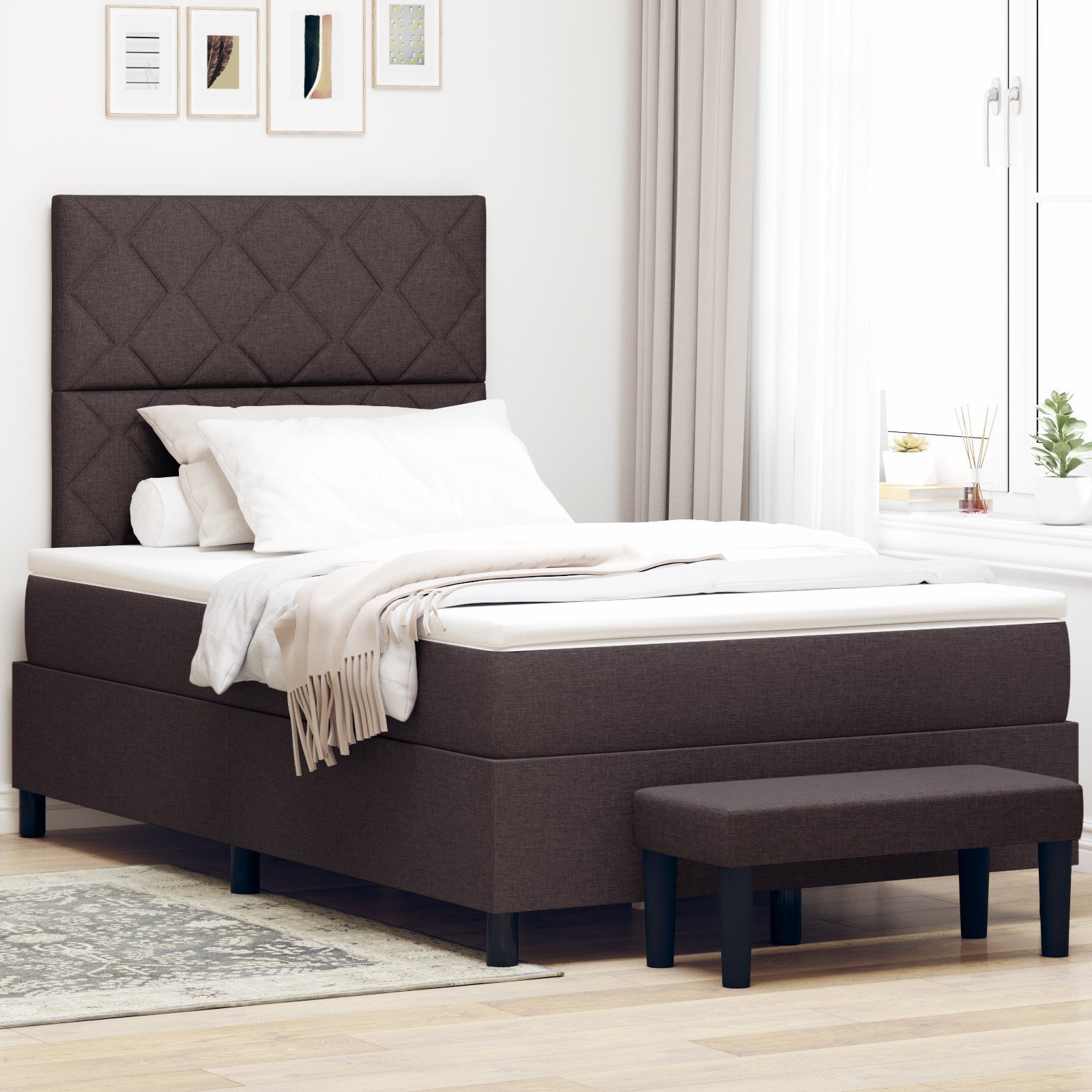 vidaXL Łóżko z boksem sprężynowym z materacem i ławką Ciemny brąz 120x200 cm Tkanina