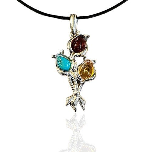 ankabizuteria.pl Zawieszka srebrna BUKIET TULIPANÓW z bursztynem i tu