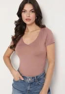 Koszulki i topy damskie - Ciemnoróżowy T-shirt z Wiskozą o Dopasowanym Kroju z Dekoltem w Serek Folarisse - miniaturka - grafika 1