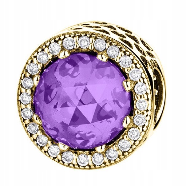 Złoty Charms Fioletowy Kamień Okrągły Kryształ Cyrkonie SREBRO 925