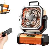 Wentylatory - Przenośny wentylator kempingowy z pilotem, lampką i hakiem do namiotu, akumulatorem, 4 prędkościami i timerem (pomarańczowy) - miniaturka - grafika 1