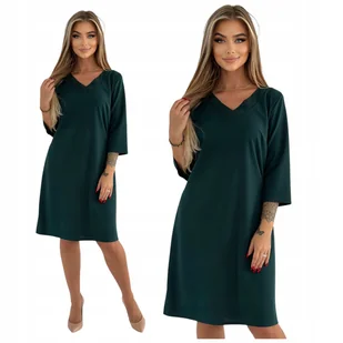 ELEGANCKA TRAPEZOWA ZIELONA SUKIENKA Z DEKOLTEM W SEREK ROZMIAR 38 - Sukienki - miniaturka - grafika 1