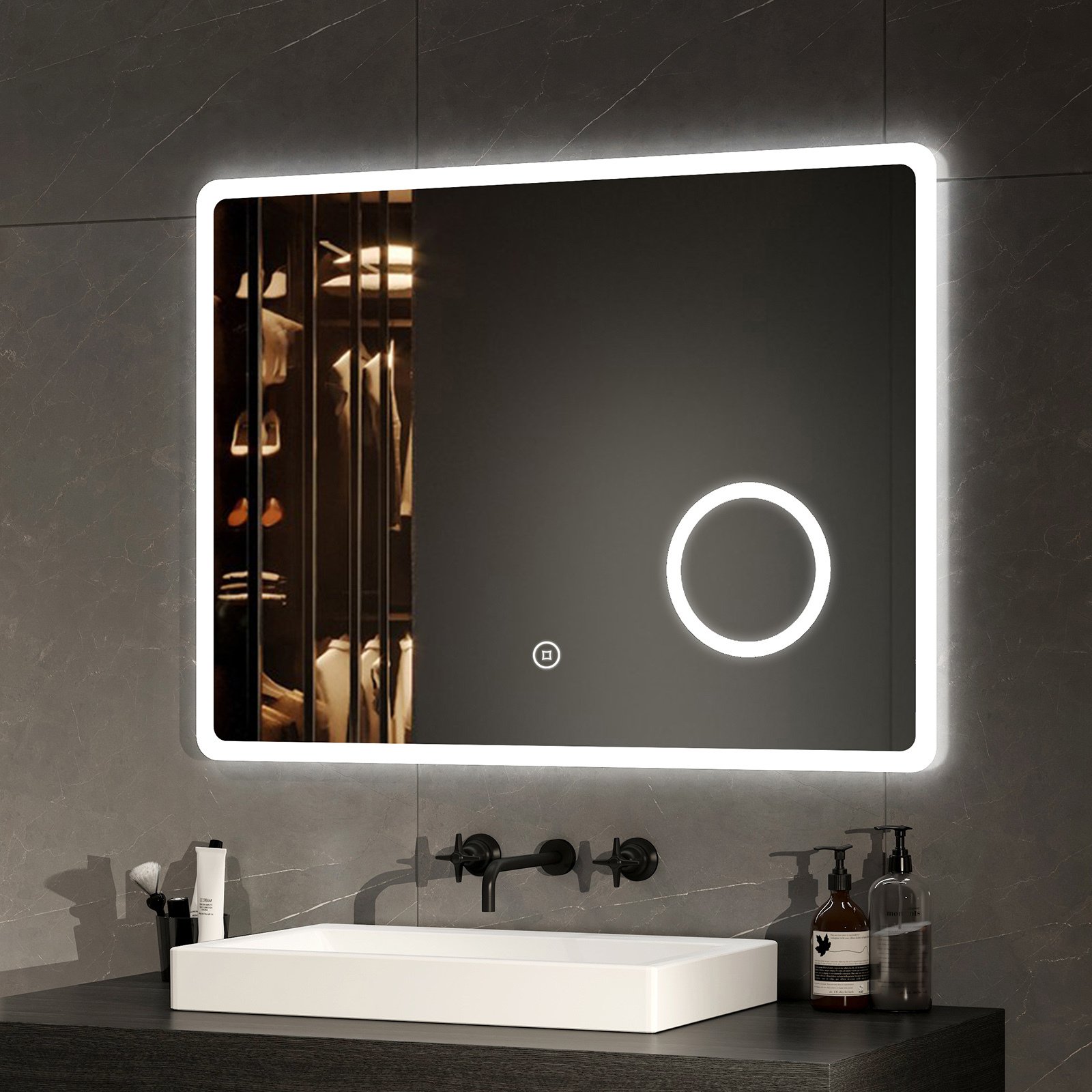 EMKE lustro łazienkowe LED lustro łazienkowe lustro ścienne 80x60cm z przełącznikiem dotykowym powiększające lustro do makijażu 3 kolory światła i bez mgły