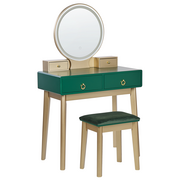 Toaletki - Toaletka 4 szuflady lustro LED ze stołkiem zielono-złota FEDRY - miniaturka - grafika 1