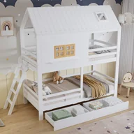 Łóżka dla dzieci i młodzieży - Łóżko piętrowe dziecięce 90x200 cm - z oknem - z 2 szufladami - z drabiną - lite drewno - biały + naturalny (bez materaca) - miniaturka - grafika 1