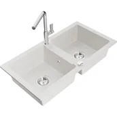 Zlewozmywaki z baterią - Mexen Mario zlewozmywak granitowy 2-komorowy z baterią kuchenną Flora, biały - miniaturka - grafika 1