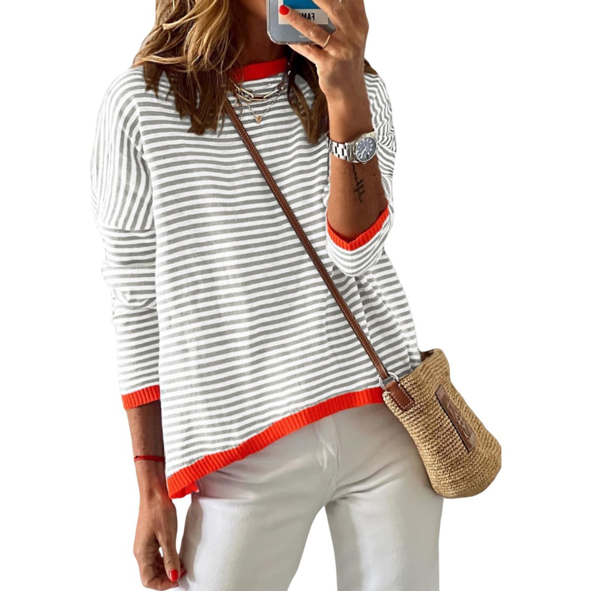 Damski Sweter w Paski Bawełna Okrągły Dekolt Ciepły Szary Biały Vintage M