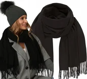 Apaszki i szaliki damskie - Elegancki SZAL jesień zimowy CIEPŁY klasyczny Gładki Szalik frędzle czarny - miniaturka - grafika 1