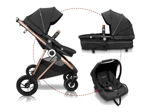 BabyGO Wózek 3w1 Buggy «Halime AIR Pram », z gondolą, spacerówką i fotelikiem samochodowym (Złoty czarny) - Wózki dziecięce - miniaturka - grafika 1