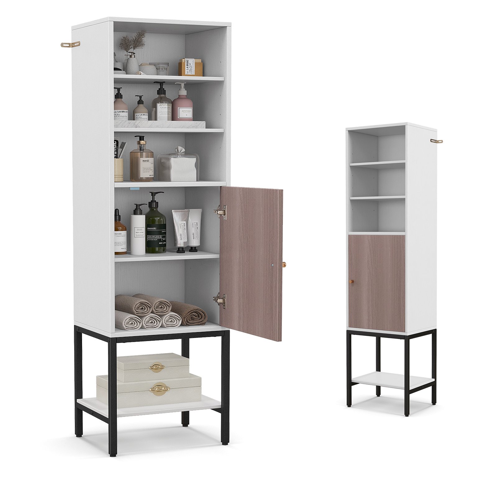 KOMFOTTEU Szafka łazienkowa z drzwiami, wysoka szafka 6-poziomowa z regulowaną półką, szafka do przechowywania, szafka kuchenna do toalety, 38 x 30 x 145 cm (biała)