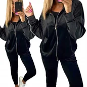 Dresy damskie - Dres Damski Welurowy 42 44 XL 2XL Rozpinany CZARNY otulający NIE ŚLISKI mi - miniaturka - grafika 1