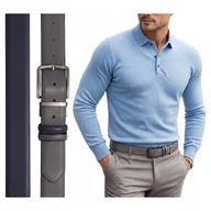 Paski - Dwustronny pasek skórzany do jeansów i spodni szary granat klamra obrotowa - miniaturka - grafika 1