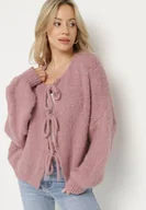 Swetry damskie - Różowy Kardigan Oversize z Wełną Zdobiony Kokardkami Eleathalie - miniaturka - grafika 1