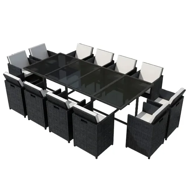 Stylowy zestaw mebli rattanowych czarny z kremowymi poduszkami 225x109 cm