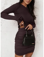 Komplety damskie - Komplet z wiskozy bluzka i spódnica SHAZA - czekoladowy - miniaturka - grafika 1