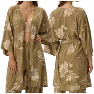Szlafroki damskie - Szlafrok kimono krótki luźny przewiewny HENDERSON 41872 Fleur oliwkowy S - miniaturka - grafika 1