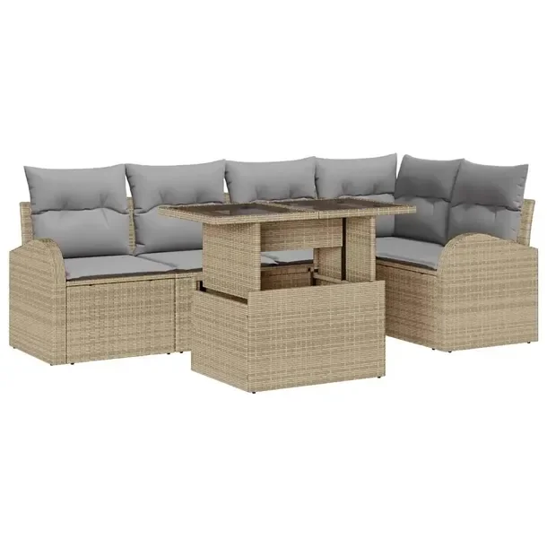 Zestaw Sof Ogrodowych Rattan Beżowy, Sofa Narożna + Stół + Ławka