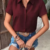 Koszule damskie - TEMU Elegancka, jednokolorowa bluzka z krótkim rękawem i guzikami z przodu dla kobiet - stylowa koszula z wycięciem pod szyją i falbanką, lekki - miniaturka - grafika 1